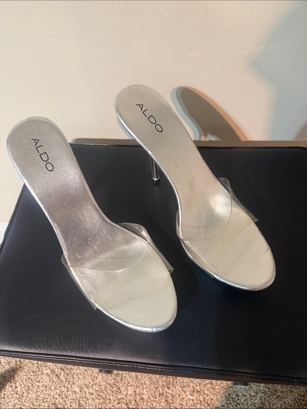 ALDO Silver Clear Strap Mule Heels